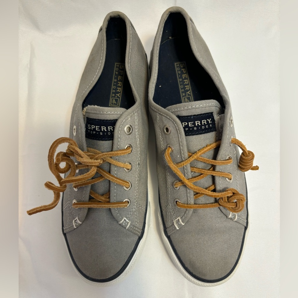 Sperry Top Sider Seacoast Gray Canvas Leather Lace Slip On Shoes Women’s Size 8